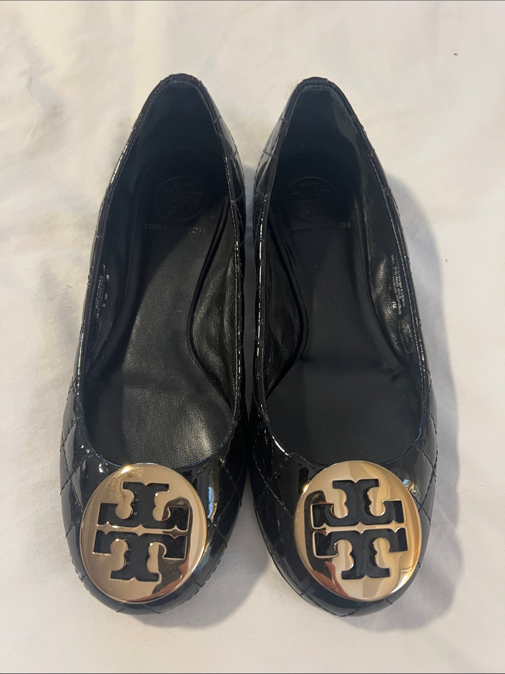 Tory Burch Black Patent Quilted Logo Ballet Flats with Gold Emblem